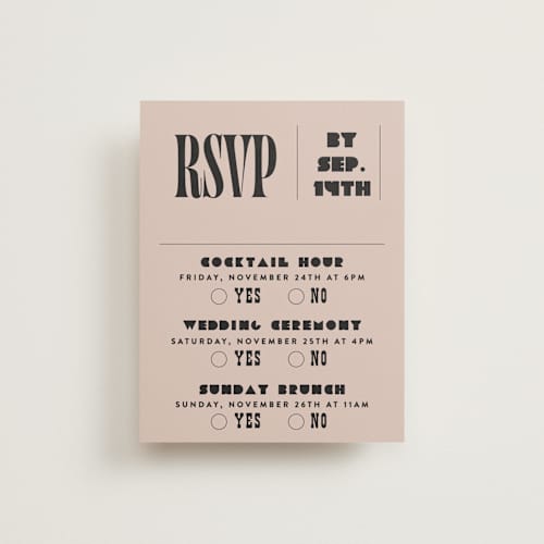 This is a noir rsvp cards with standard by Alethea and Ruth called bold stack printing on signature in standard