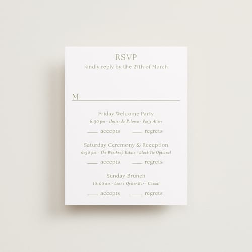 This is a moss rsvp cards with standard by Megan Davis called perriand printing on signature in standard