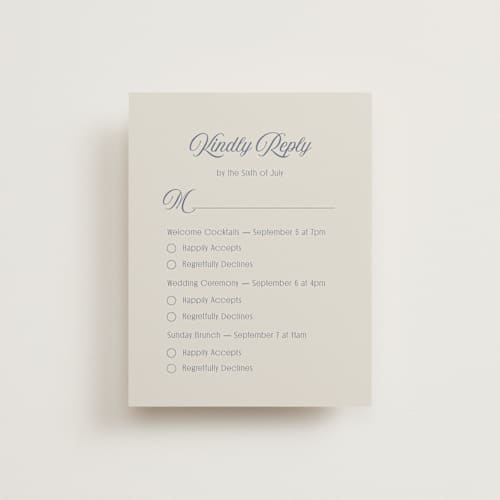 This is a french blue rsvp cards with standard by Nicoletta Savod called ritzy printing on signature in standard