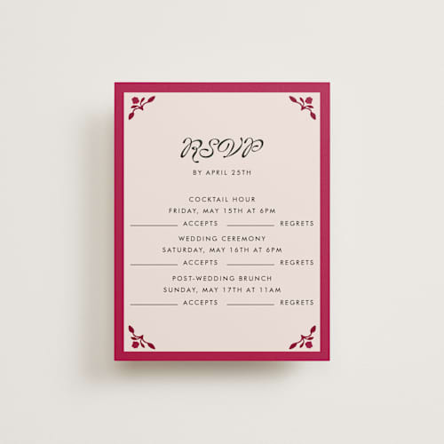 This is a garnet rsvp cards with standard by Morgan Kendall called victorian chic printing on signature in standard