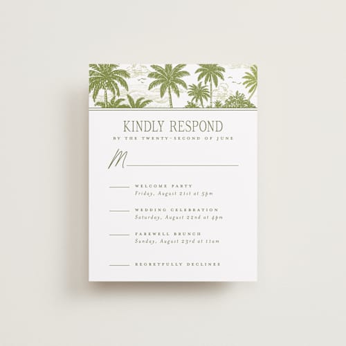 This is a palm rsvp cards with standard by Jenna Holcomb called beachtoile printing on signature in standard