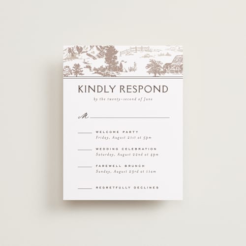 This is a leather rsvp cards with standard by Jenna Holcomb called mountain ranch toile printing on signature in standard