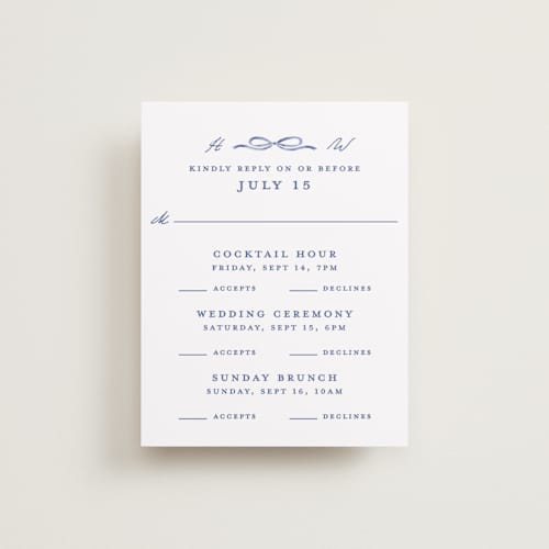 This is a blue willow rsvp cards with standard by Susan Zinader called daisy toile printing on signature in standard