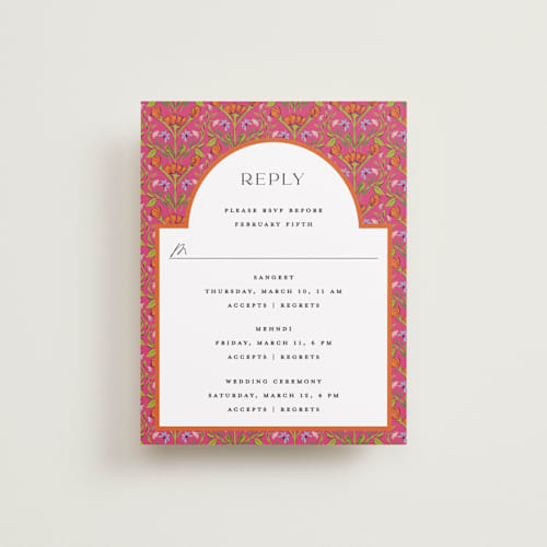 This is a fuchsia rsvp cards with standard by Pati Cascino called varna printing on signature in standard