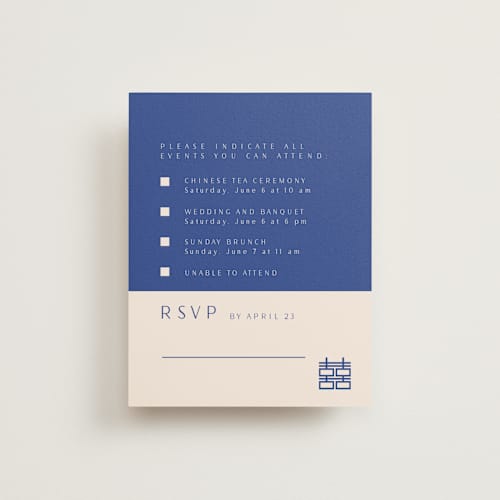 This is a marseille bleu rsvp cards with standard by Deborah Chou called two toned printing on signature in standard