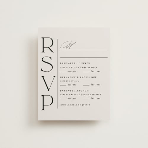 This is a ecru rsvp cards with standard by Erica Krystek called modern monogram printing on signature in standard