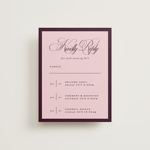 This is a plum rsvp cards with standard by Owl and Toad called sophisticate printing on signature in standard