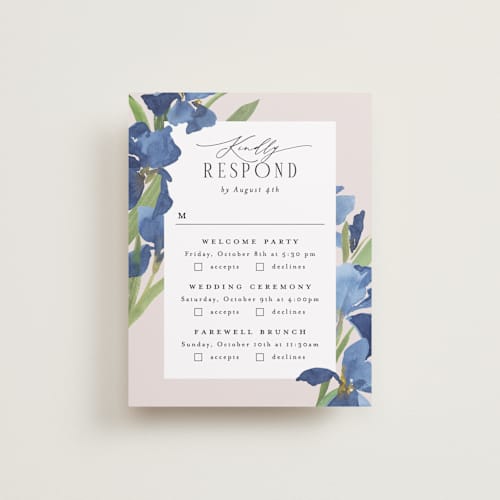 This is a natural rsvp cards with standard by Everett Paper Goods called irises printing on signature in standard