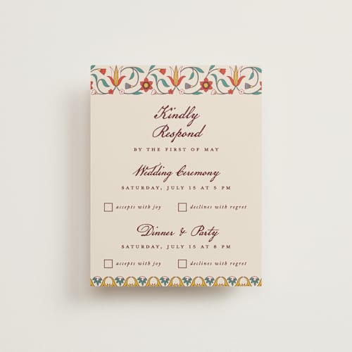 This is a ivory rsvp cards with standard by Sherley Ferreira called mughal gardens printing on signature in standard