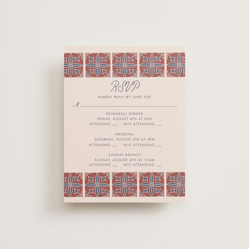 This is a terracotta rsvp cards with standard by Katharine Watson called block print tile printing on signature in standard