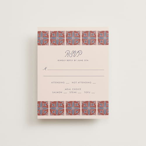 This is a terracotta rsvp cards with standard by Katharine Watson called block print tile printing on signature in standard