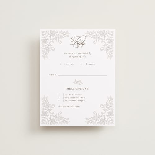 This is a natural rsvp cards with standard by BR Designs called vintage flourishes printing on signature in standard