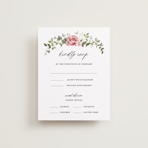 This is a peony rsvp cards with standard by Sarah Knight called ornate printing on signature in standard