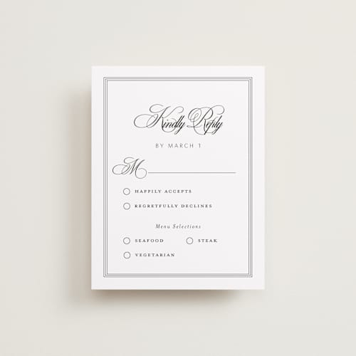 This is a tuxedo rsvp cards with standard by Nicoletta Savod called black tie elegance printing on signature in standard