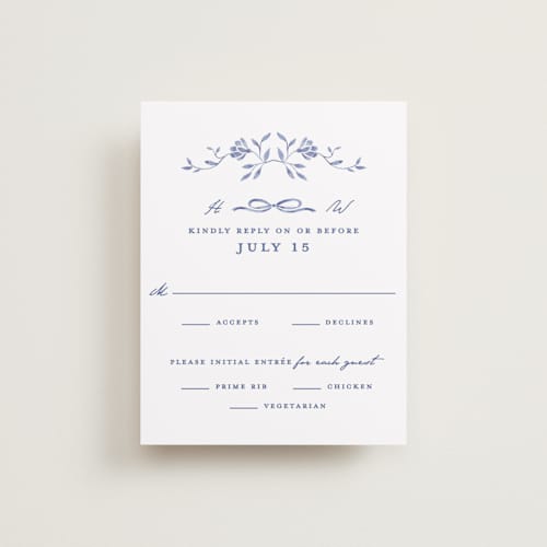 This is a blue willow rsvp cards with standard by Susan Zinader called daisy toile printing on signature in standard