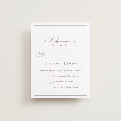 This is a mint rsvp cards with standard by Melinda Denison called romantic garden printing on signature in standard