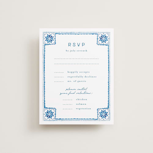 This is a navy rsvp cards with standard by Anastasia Makarova called watercolor tile printing on signature in standard