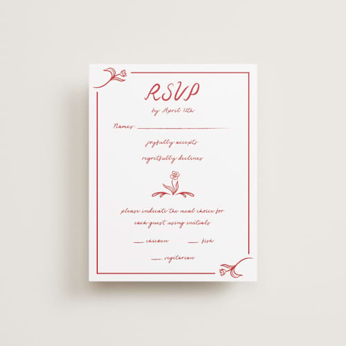 This is a brick rsvp cards with standard by Julia Liverton called love in bloom printing on signature in standard