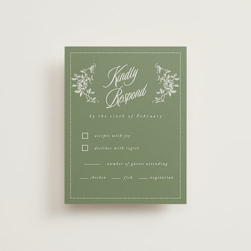 This is a forest rsvp cards with standard by Sherley Ferreira called vintage garden printing on signature in standard