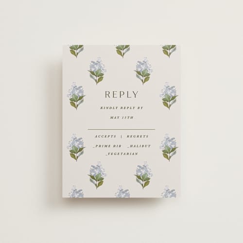 This is a almond rsvp cards with standard by Olivia Kanaley Inman called blockprint printing on signature in standard