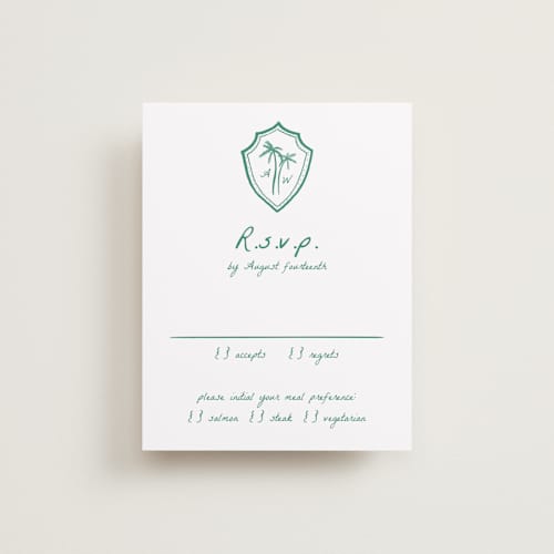 This is a palm rsvp cards with standard by Erika Firm called palm tree crest printing on signature in standard