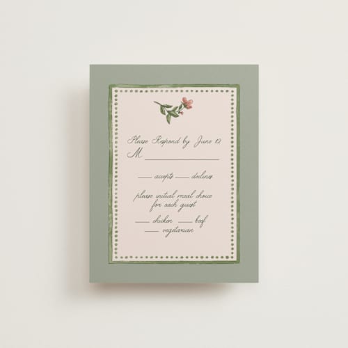 This is a coral fern rsvp cards with standard by Chris Griffith called wedding tapestry printing on signature in standard