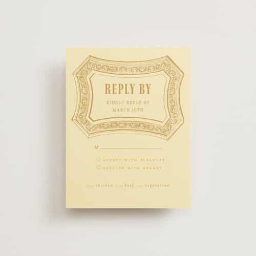 This is a butter rsvp cards with standard by Nazia Hyder called vintage label printing on signature in standard