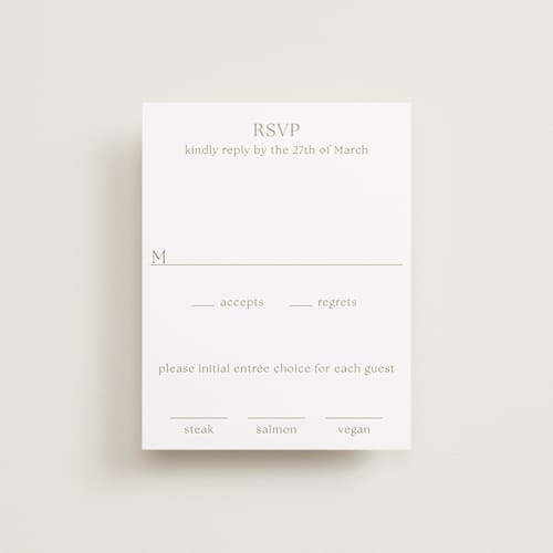 This is a moss rsvp cards with standard by Megan Davis called perriand printing on signature in standard