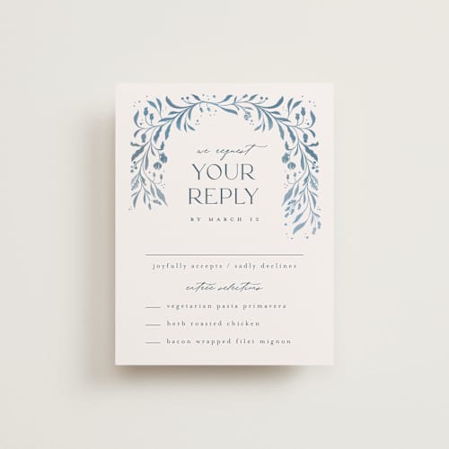 This is a delft blue rsvp cards with standard by Ashley DeMeyere called porcelain printing on signature in standard
