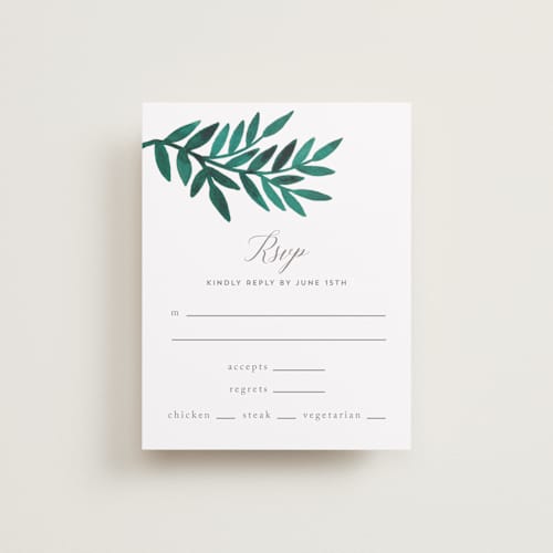 This is a evergreen rsvp cards with standard by Katharine Watson called painted greenery printing on signature in standard