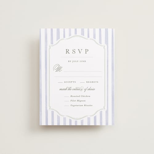 This is a periwinkle rsvp cards with standard by Kristen Smith called delicate vines printing on signature in standard