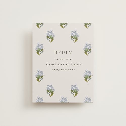 This is a almond rsvp cards with standard by Olivia Kanaley Inman called blockprint printing on signature in standard