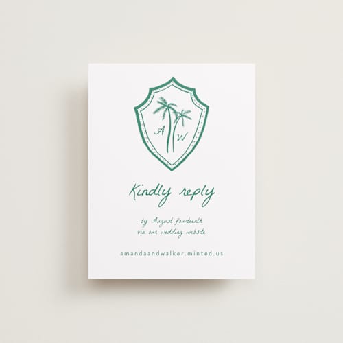 This is a palm rsvp cards with standard by Erika Firm called palm tree crest printing on signature in standard