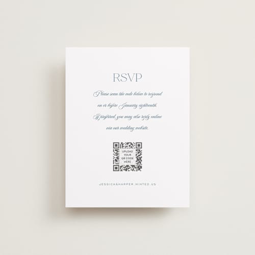 This is a dusty blue rsvp cards with standard by Jennifer Postorino called modern romance printing on signature in standard