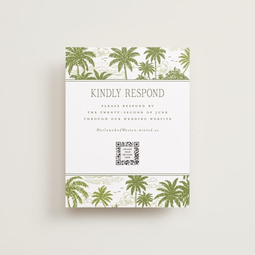 This is a palm rsvp cards with standard by Jenna Holcomb called beachtoile printing on signature in standard