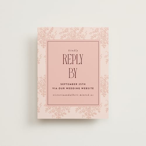 This is a burgundy rsvp cards with standard by Nazia Hyder called museum printing on signature in standard