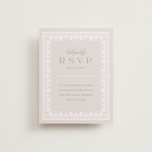 This is a cream rsvp cards with standard by Kristen Smith called lace trim printing on signature in standard