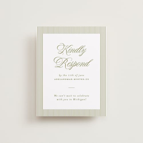 This is a olive rsvp cards with standard by Ellen Schlegelmilch called museo printing on signature in standard