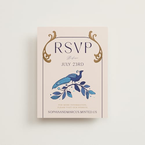 This is a cerulean rsvp cards with standard by GeekInk Design called gilded printing on signature in standard