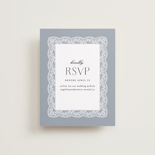 This is a dusty blue rsvp cards with standard by Erica Krystek called chantilly printing on signature in 4.25x5.5