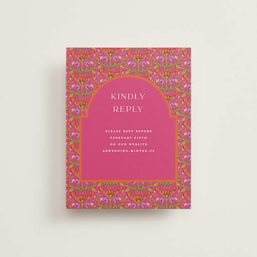 This is a fuchsia rsvp cards with standard by Pati Cascino called varna printing on signature in standard