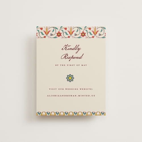 This is a ivory rsvp cards with standard by Sherley Ferreira called mughal gardens printing on signature in standard