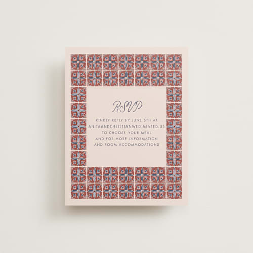 This is a terracotta rsvp cards with standard by Katharine Watson called block print tile printing on signature in standard