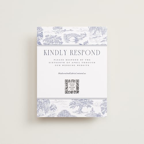 This is a periwinkle rsvp cards with standard by Jenna Holcomb called southern charm toile printing on signature in standard