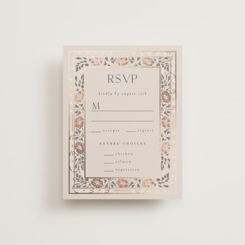 This is a champagne rsvp cards with foil pressed by Ana de Sousa called timeless nature printing on signature in standard