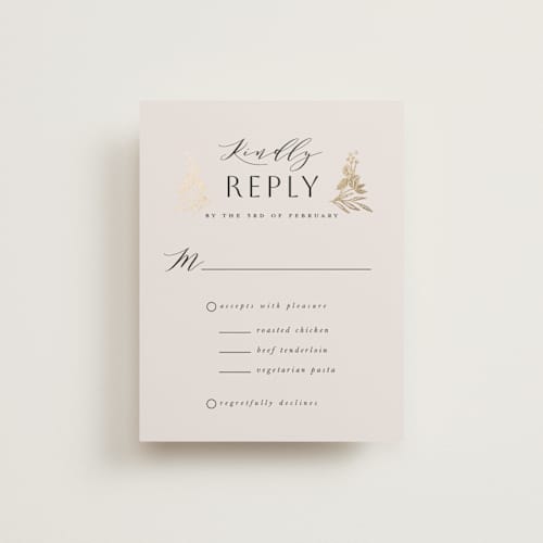 This is a champagne rsvp cards with foil pressed by Leah Bisch called floral border printing on signature in standard