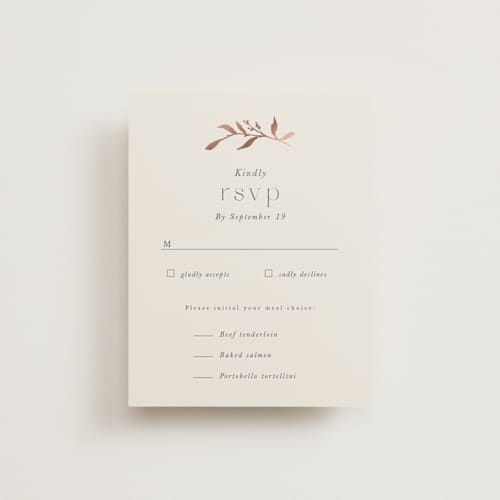 This is a creme brulee rsvp cards with foil pressed by Jennifer Wick called queen anne's lace printing on signature in standard