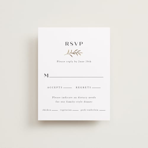 This is a black dahlia rsvp cards with foil pressed by Olivia Raufman called petite sprig printing on signature in standard
