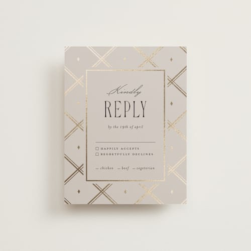 This is a champagne rsvp cards with foil pressed by Kristin Oliversen called luxe lines printing on signature in standard
