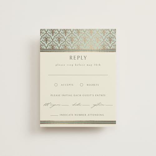 This is a aqua rsvp cards with foil pressed by Pati Cascino called aatreya printing on signature in standard